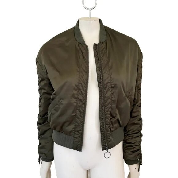 COTTON ON Cinched Sleeve Full Zip Cropped Bomber Jacket in Olive Green SZ 6 - Picture 3 of 10